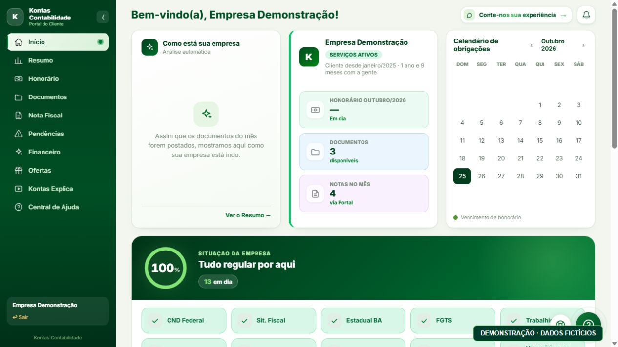 Tela original do Portal do Cliente Kontas em uma demonstração com dados fictícios